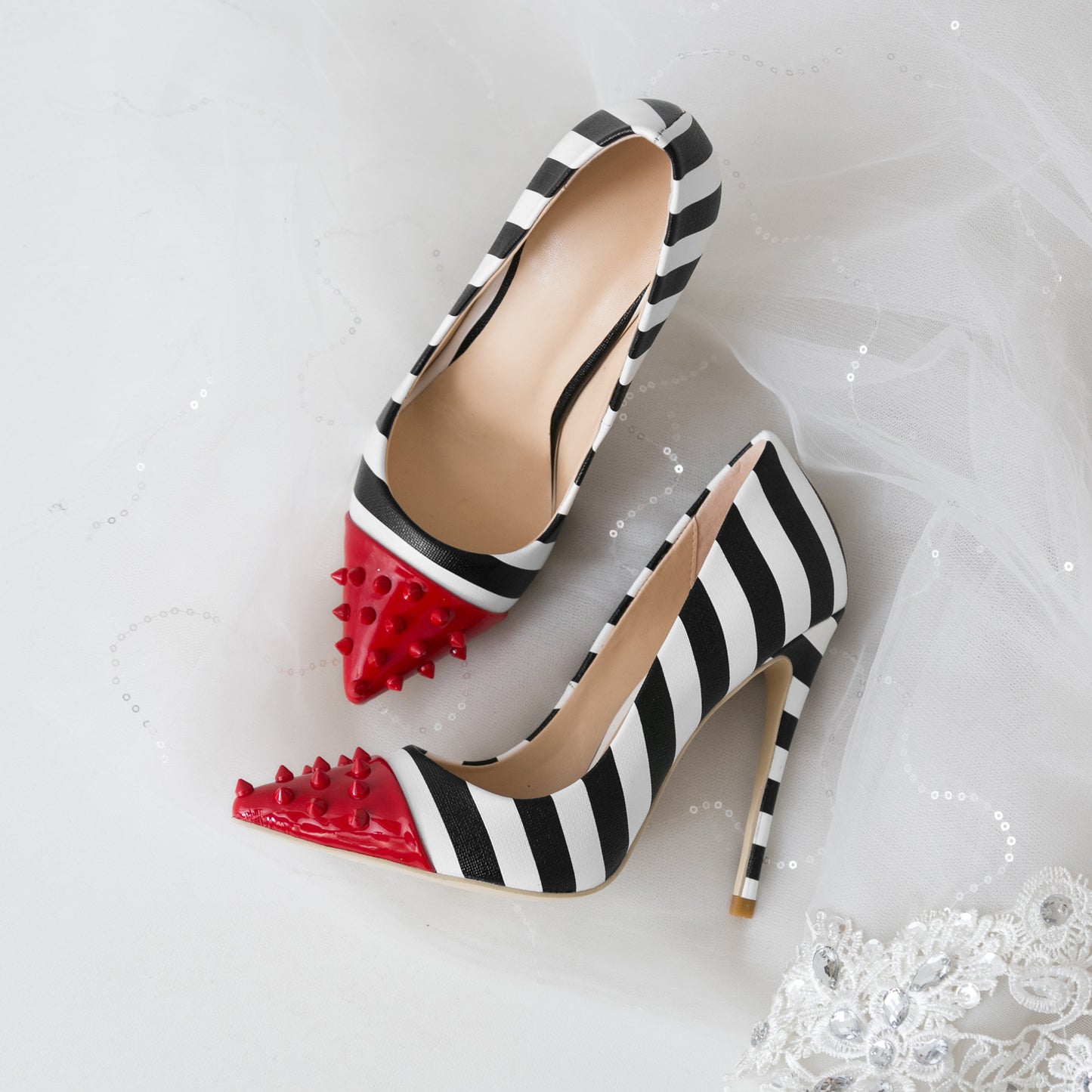 Red Rivet Striped Pump