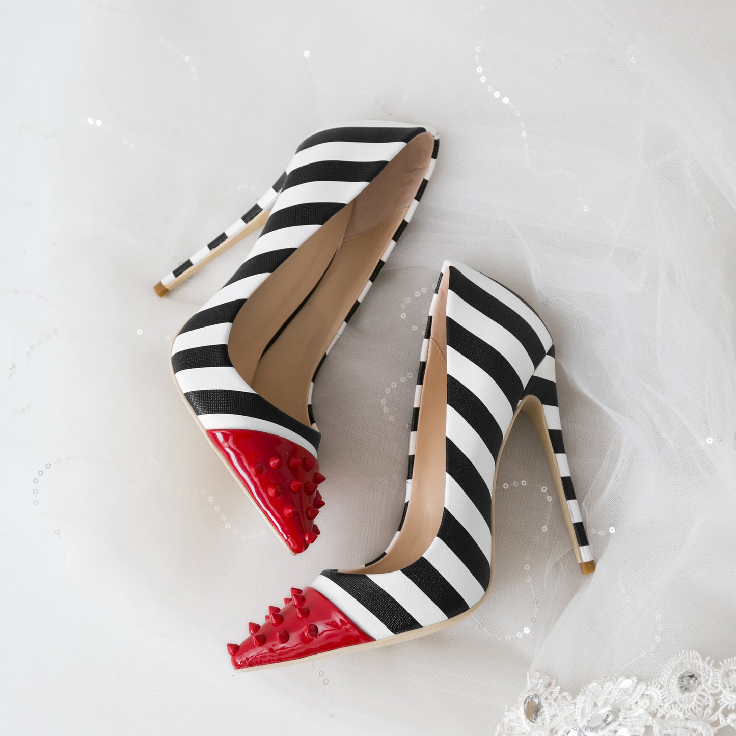 Red Rivet Striped Pump