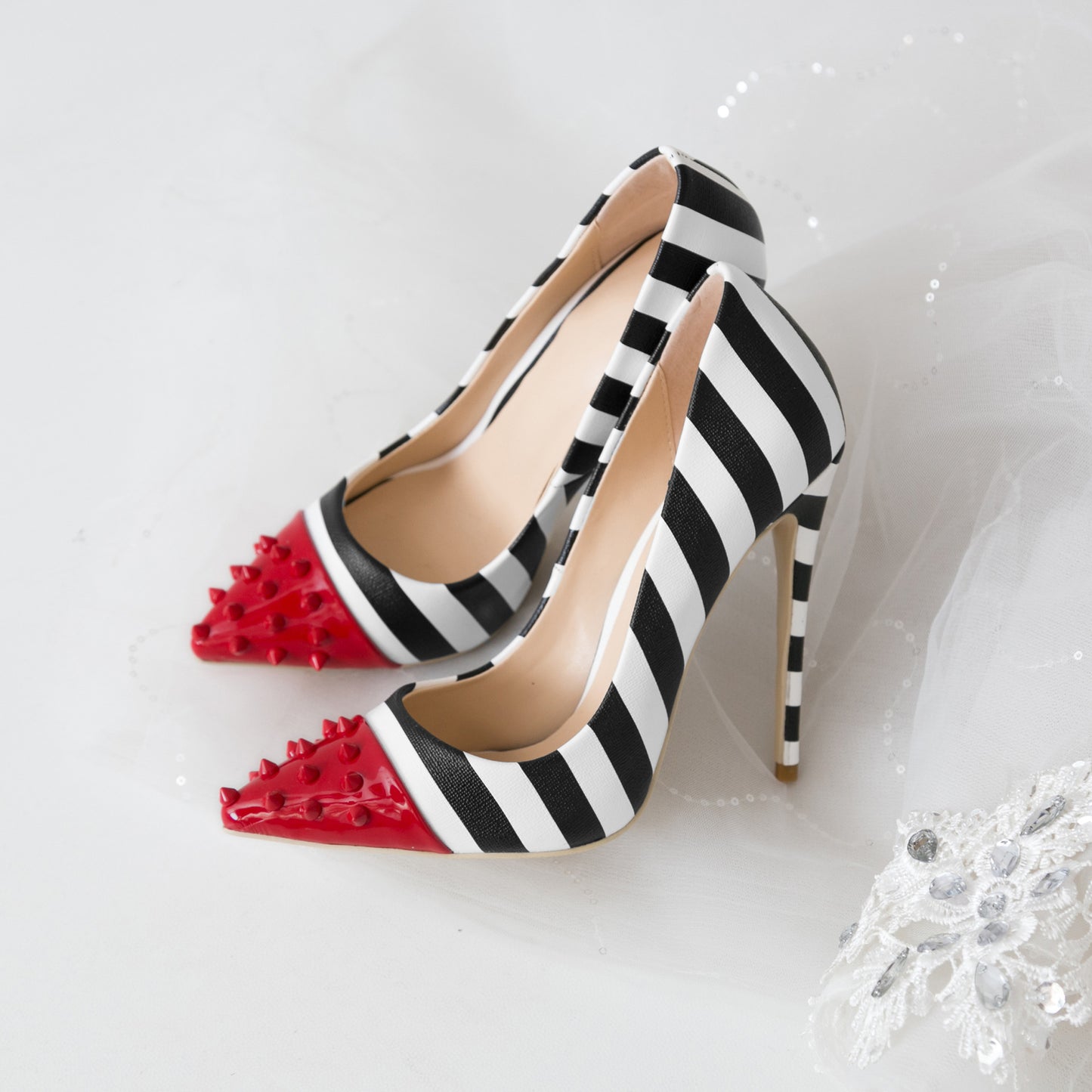 Red Rivet Striped Pump