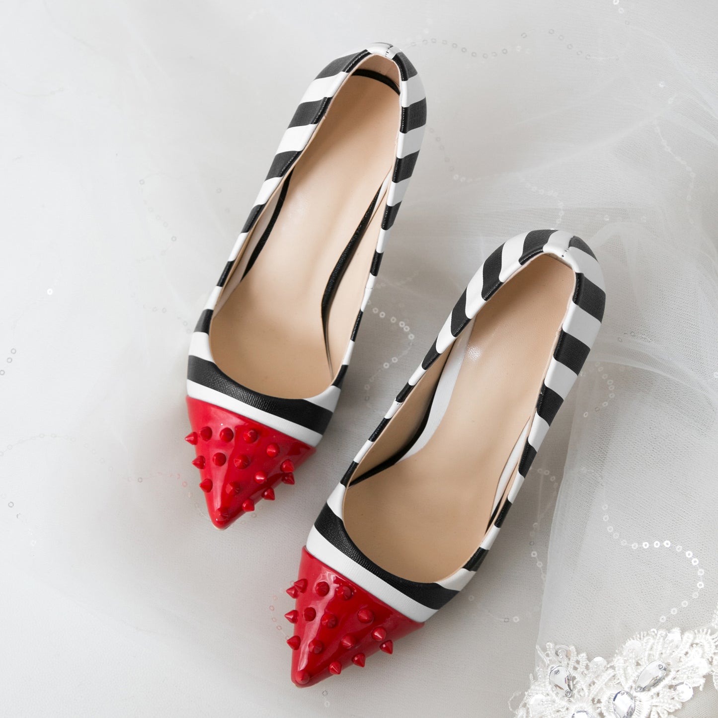 Red Rivet Striped Pump